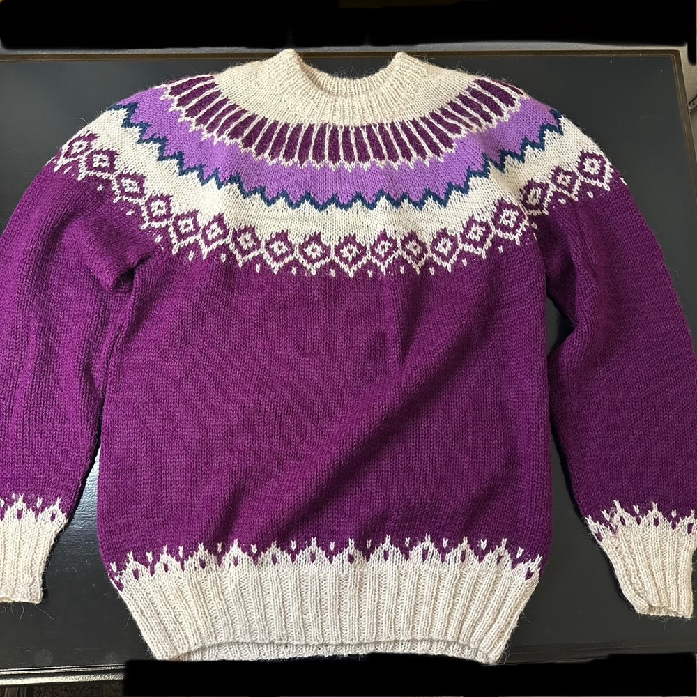 Purple and Cream Hand knitted Wool Women's Sweater - Picture 2 of 8